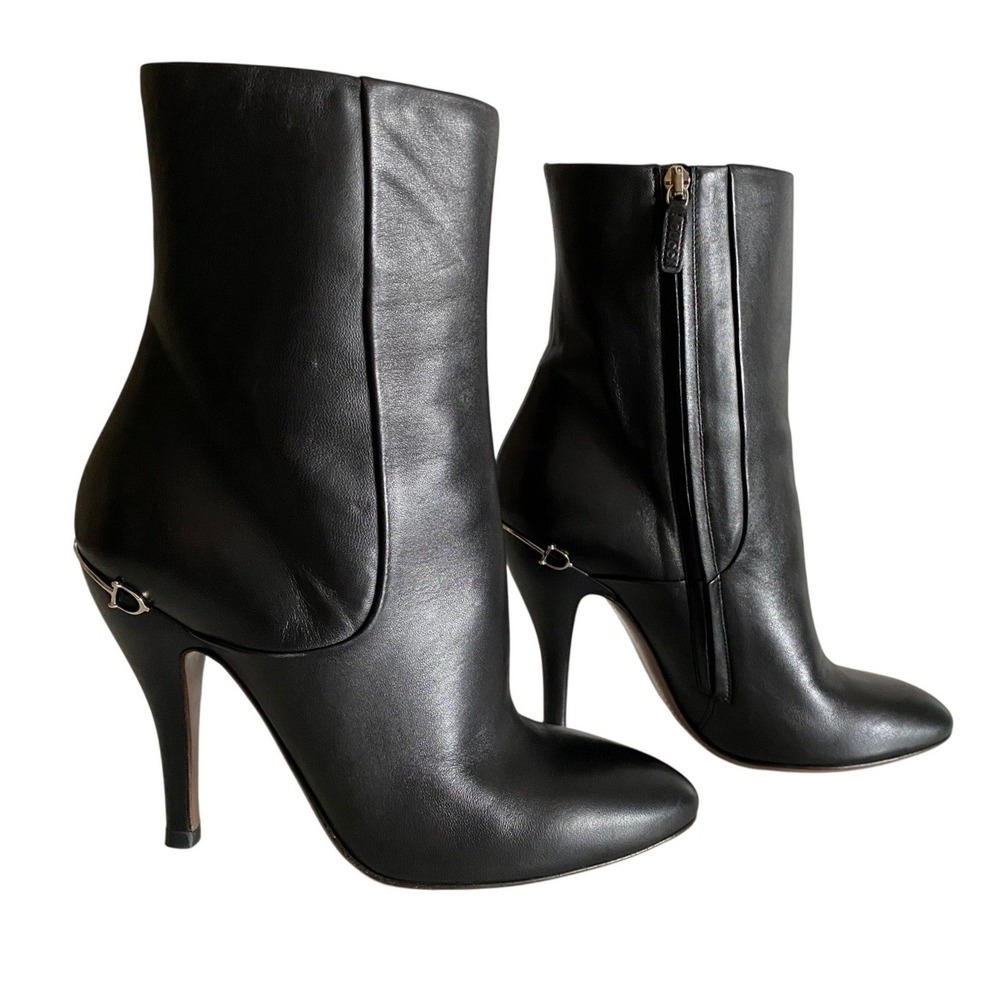 Gucci Nappa Charlotte Black Leather Horsebit Stiletto Ankle Boots 38 Italy